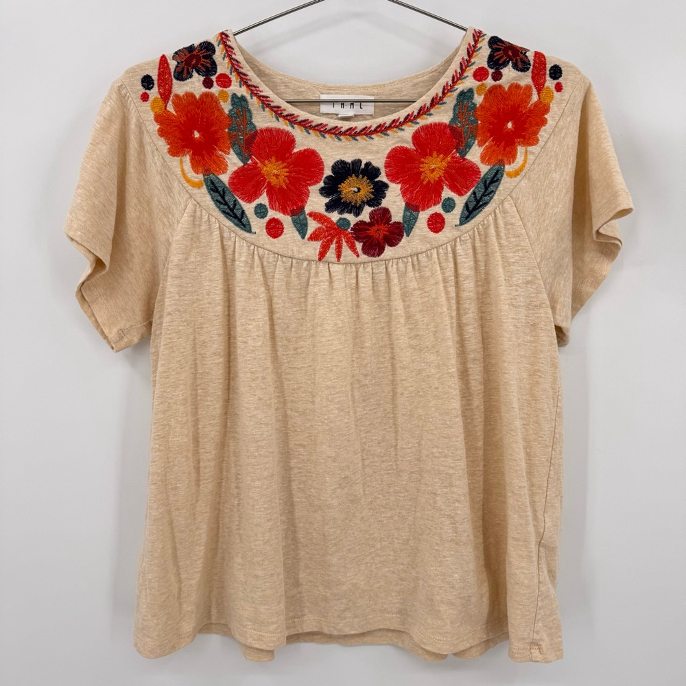 THML Embroidered Babydoll Top Bold Flowers Boho Mexican Tropical Women’s Small